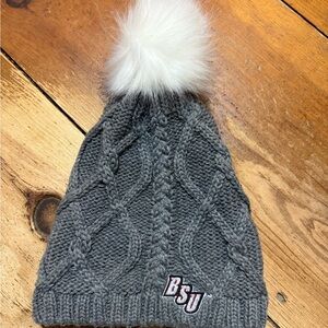 BSU Gray Cable Knit Pom Pom Beanie